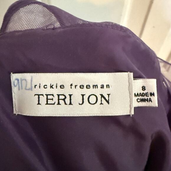 Rickie Freeman Teri Jon Tulle Tea-Length Dress Floral Appliques Purple Size 8 - Picture 3 of 5